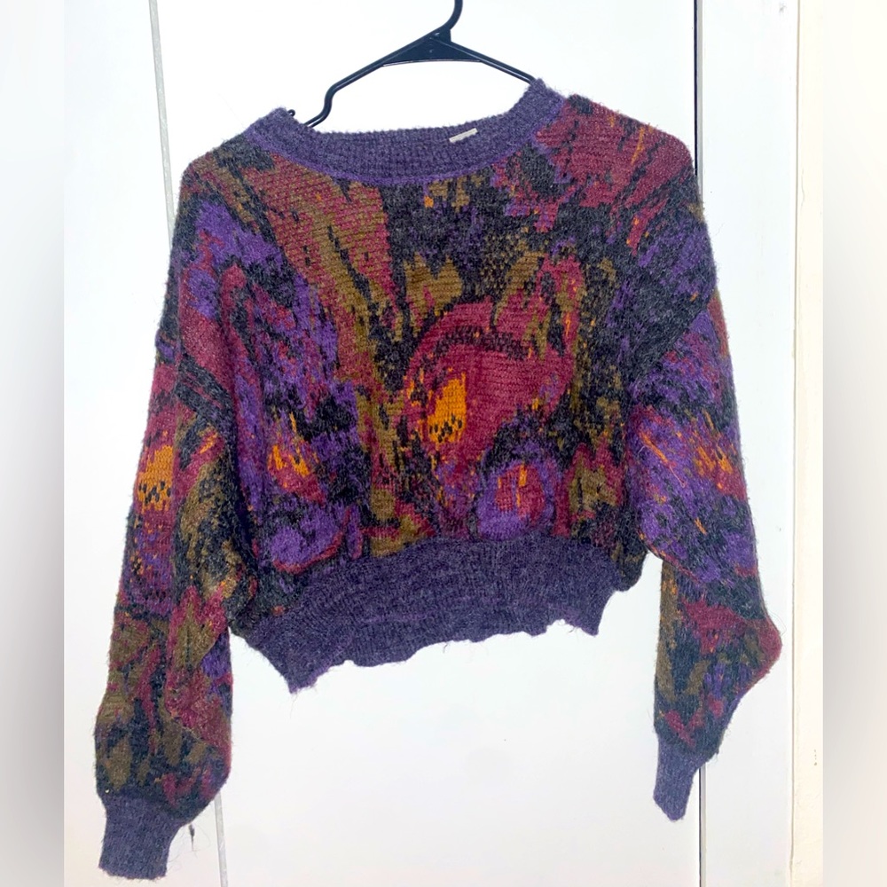 Cropped boho purple floral sweater. Crop knit top whimsical jewel earth tones